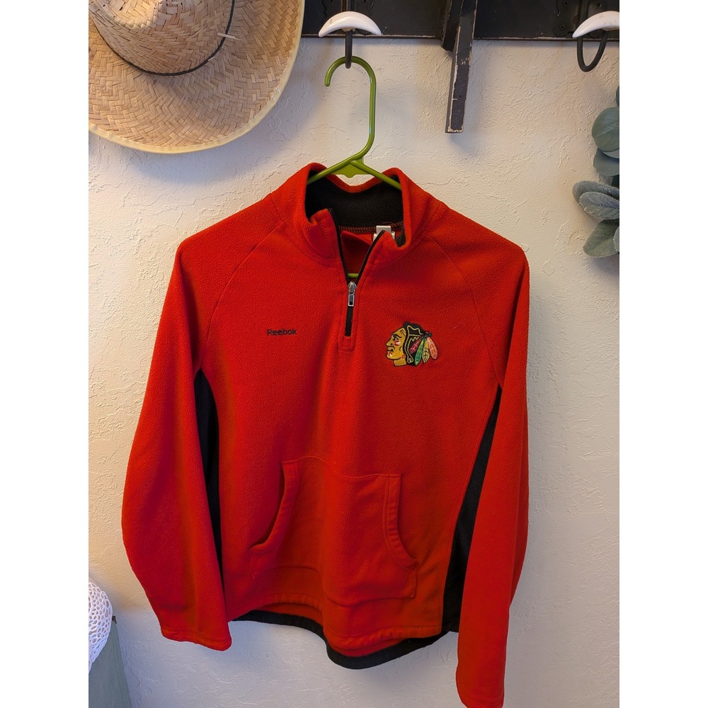 Reebok Chicago Blackhawks Fleece Pullover Jacket Kids L 14 16 Quarter Zip NHL